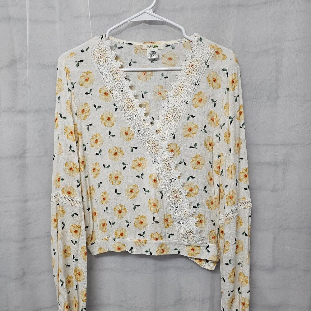 LA Gypsy Blouse White Yellow Floral Crochet Boho Festival Hippie L